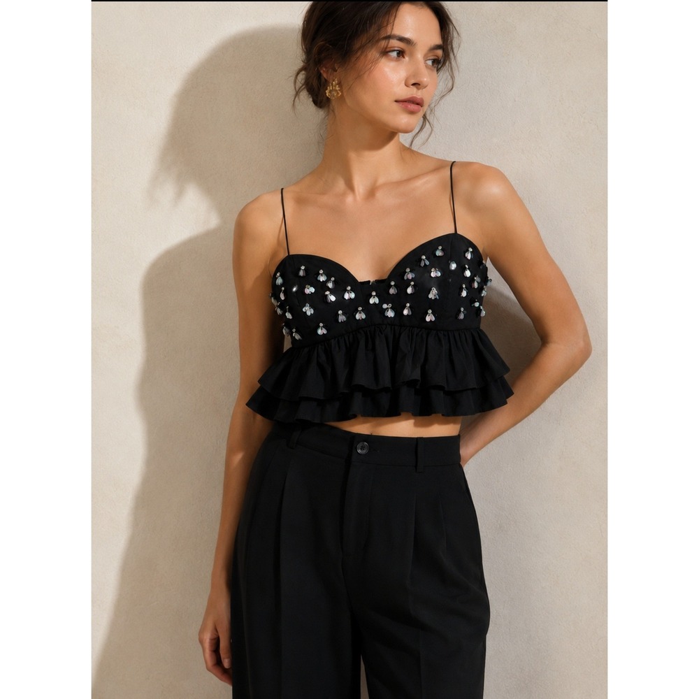 Ulla Johnson Black Lucia Cotton Sequin Embellished Ruffle Peplum Camisole Top 4